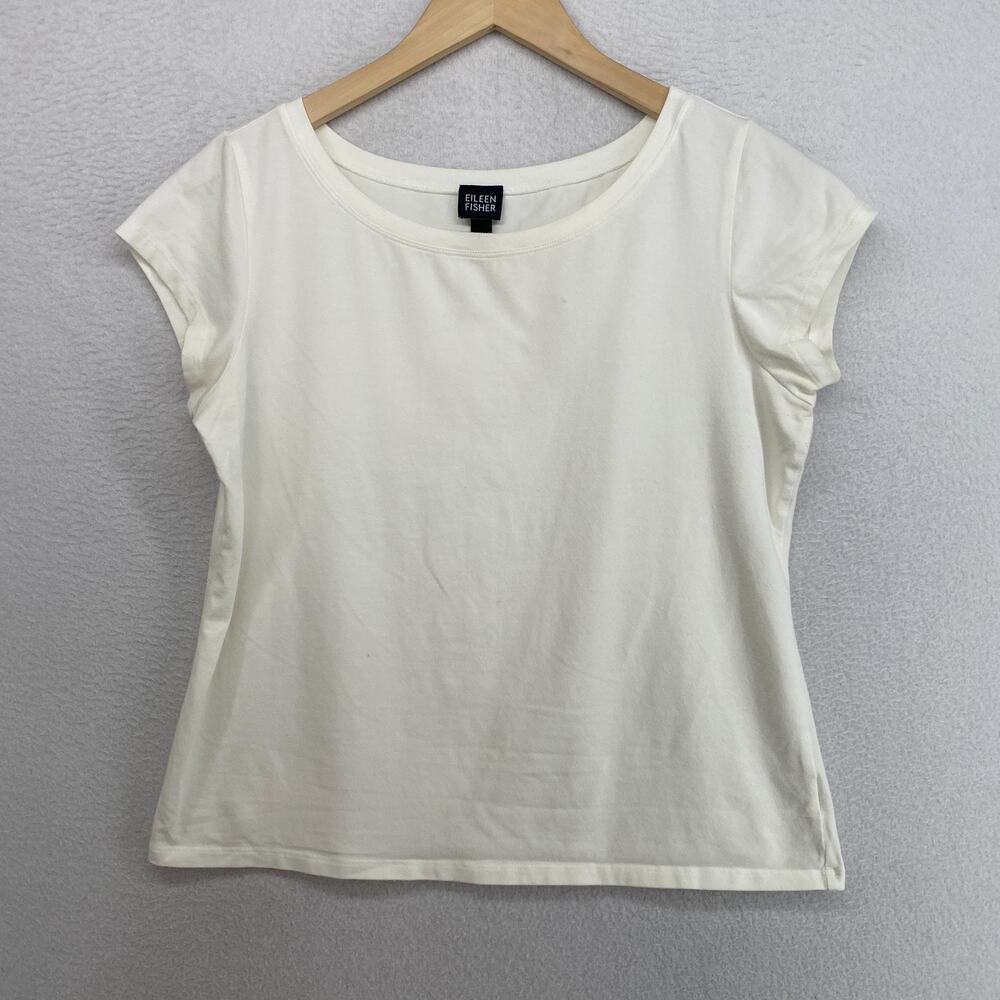 EILEEN FISHER Top L Stretch Organic Supima Cotton Cap Sleeve Off White USA